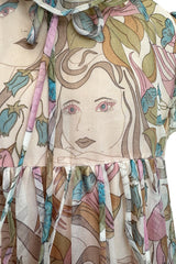 Phenomenal 1960s Gina Fratini Printed Tiered Baby Doll Maxi Dress w Poufed Cap Sleeves & Feather Details