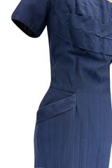 Prettiest 1950s Ceil Chapman Fitted Blue Dress w Hip Pockets & Pleated Bodice Detailing