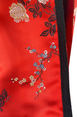 Fabulous 1970s Bill Gibb Red Woven Floral Print Silk Jacket w Matching High Slit Skirt