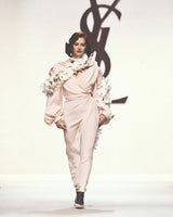 Prettiest Spring 1990 Yves Saint Laurent Pale Nude Pink Silk Plunge Runway Dress w Balloon Sleeves