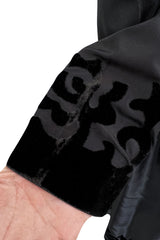 Early 1980s Louis Feraud Black Silk Tafetta Dress w Puff Shoulder Sleeves & Velvet Detailing