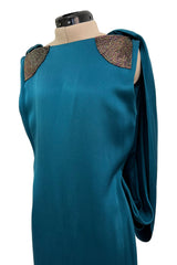 Amazing 1980s Bill Blass Bias Cut Deep Teal Silk Dress w Bead Detailing & Draped Low Back