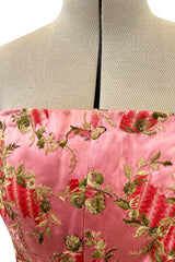 Dreamy 1960s Unlabeled Strapless Black Dress w Front Pink Panel & Floral Embroidery