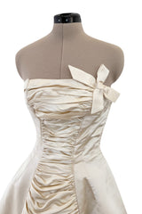 1950s Philip Hulitar Couture Strapless Gathered Front Champagne Ivory Silk Dress w Bow