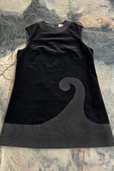 Minimalist 1960s Pierre Cardin Black Cotton Velvet Mod Shift Dress w Grosgrain Detailing