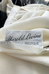 1960s Harold Levine Glamorous High Contrast Black & White Dress w Feather Hem