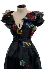 Spring 1981 Unlabeled Christian Dior Floral Print Silk Organza Dress w Ruffled Shoulders