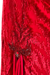 1970s Holly's Harp Red Silk Devore Velvet Dress w Silk Chiffon Layered Underskirt & Bead Details