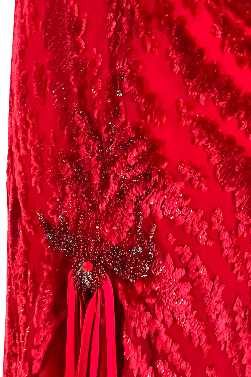 1970s Holly's Harp Red Silk Devore Velvet Dress w Silk Chiffon Layered Underskirt & Bead Details