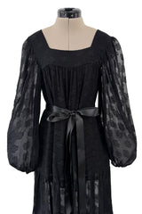 Chic c.1973 Yves Saint Laurent Black Gauzy Feeling Silk Chiffon Dress w Pattern & Full Sleeves