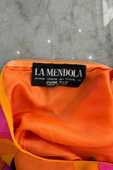 Spectacular c.1972 La Mendola Brilliant Pink, Orange, Tangerine & Black Silk Chiffon Caftan w Floor Length Cape Sleeves Sleeves
