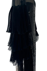 Beautiful 1980s Louis Feraud Glossy Black Sequin Silk Chiffon Dress w Tiered & Ruffled Sleeves