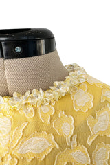 Prettiest 1960s Yves Saint Laurent Stoffler Fabrics Yellow Brocade Dress w Clear Beads