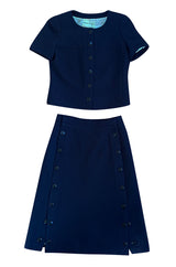 Minimalist Spring 1973 Courreges Numbered Haute Couture Blue Snap Front Jacket & Matching Skirt