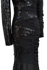 Amazing 1970s Loris Azzaro Black Sequin & Jersey Inset Dress w Low V Back