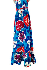 Prettiest 1977 Oscar de la Renta for Swirl One Shoulder Printed Bright Floral Cotton Dress w Ruffled Hem