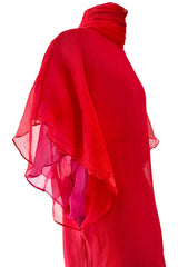 1970s Giorgio Sant'Angelo Red Silk ChiffonDress w Pink Silk Chiffon Lining & Prettiest Gusset Skirt