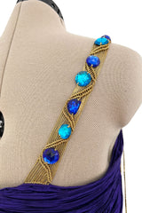 Fall 1982 Mary McFadden Purple Pleated Dress w Elaborate Beaded Gold Cord Shoulder