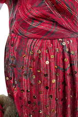 Incredible Fall 1979 Bill Blass Couture Red Silk Chiffon Dress w Gold Sequins & Mink Cuffs