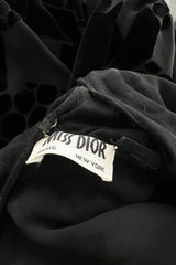 Fantastic Early 1970s Miss Dior Black Silk Velvet Fused Onto Black Transparent Silk Chiffon Dress