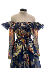 Prettiest 1960s Oscar de la Renta Metallic Thread Detailed Silk Organza Printed Off Shoulder Dress