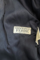 Fall 1982 Gianfranco Ferre Runway Black Blue Wrap Leather Jacket w Wide Sleeves & Huge Collar