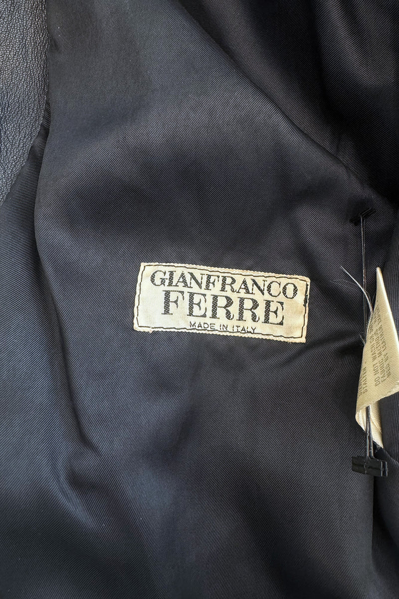 Fall 1982 Gianfranco Ferre Runway Black Blue Wrap Leather Jacket w Wide Sleeves & Huge Collar