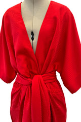Fabulous 1970s Halston Wrap Plunge Red Full Length Dress w Wide Sleeves & Original Sash