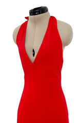 Amazing 1970s Halston Red Jersey Halter Neck Jumpsuit w Open Bare Back & Ultra Wide Legs