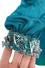 Stunning Spring 1971 Loris Azzaro Deep Turquoise Silk Jersey Dress w Densely Beaded Plunging Front Detail