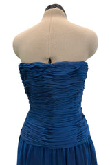 Prettiest Spring 1990 Oscar De La Renta Deep Sapphire Blue Silk Chiffon Strapless Dress w Matching Cape