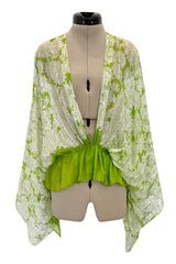 Fantastic 1970s Pauline Trigere Two Piece Green Silk Chiffon Plunge Top & Wide Leg Pant Set