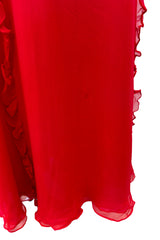 Magical 1990s Bill Blass Perfectly Minimalist Bias Cut Red Silk Chiffon Dress w Tiny Ruffle Detailing