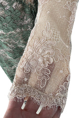 Dreamiest 1970s Geoffrey Beene One Shoulder Soft Blush Pink & Moss Green Corded Lace Dress