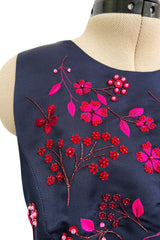 c2014 Christian Dior by Raf Simons Blue Silk Faille Dress w Pink Floral Embroidery & Beads