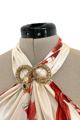 Spectacular Spring 2007 Roberto Cavalli Ivory & Coral Print Bias Cut Silk Dress w Twisted Halter Front & Low Back