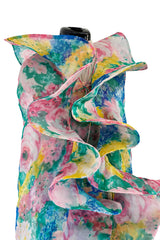 Beautiful 1980s Pierre Cardin Haute Couture Silk Chiffon Pastel Floral Ruffled Strapless Dress & Cape