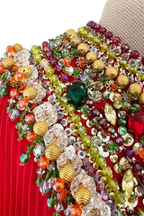 Prettiest Unlabeled 1960s Red Pleated Chiffon Dress w Densely Beaded & Sequin Bib Collar