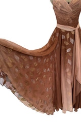 Prettiest Fall 1989 Bob Mackie Runway Silk Chiffon w Metallic Leaf Print Underlay Strapless Dress