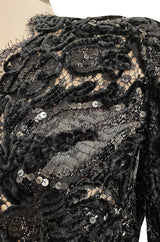 Incredible Fall 1970 Donald Brooks Runway Black Chenille & Sequin Net Lace Dress w Plunge Front