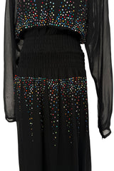 Spectacular 1970s Givenchy by Hubert de Givenchy Black Chiffon Dress w Colored Rhinestones