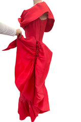 Prettiest 1970s Loris Azzaro Red Silk Gazaar One Shoulder Dress w Ruffled Detailing & Side Bow