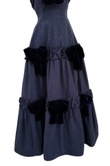 Incredible 1980s Hubert de Givenchy Haute Couture Strapless Blue Matte Silk Dress w Velvet Bow Detailing