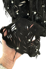 Rare 1980s Jan Faulkner Hand Made Black Suede Cut Out Mini Dress w Pearls & Fringe