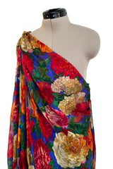 Exquisite Fall 1997 Yves Saint Laurent Brilliant Multi Floral Printed Silk Chiffon Bias Cut & Draped One Shoulder Dress