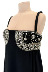 Sophisticated 1960s Donald Brooks Fine Black Wool Crepe Dress w Elaborate Rhinestone Detailing