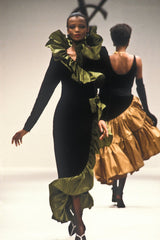Amazing Fall 1984 Yves Saint Laurent Runway Black Velvet Wrap Dress w Olive Silk Taffeta Ruffles