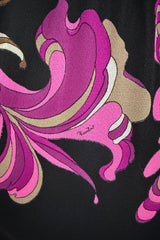 Dreamiest 1970s Emilio Pucci Black Silk Jersey Dress w V Front & Pink Flower Print
