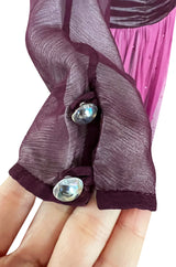 Stunning 1970s Bill Gibb Deep Purple Fuchsia Silk Chiffon & Glitter Dress w Deep Front & Back Plunge