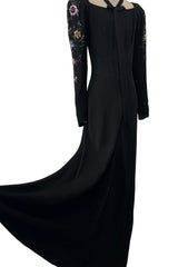 Prettiest 1920s Hickson Inc. Black Moss Crepe Dress w Tie Neck & Hand Sequinned Sleeves
